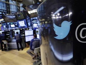 FILE - In this Tuesday, Oct. 13, 2015, file photo, the Twitter logo appears on a phone post on the floor of the New York Stock Exchange. Twitter says it is taking more steps to clamp down on hate speech and abuse on its social networking service, Tuesday, Feb. 7, 2017. The company says it is working to identify people who have been banned for abusive behavior and stop them from creating new accounts.(AP Photo/Richard Drew, File)