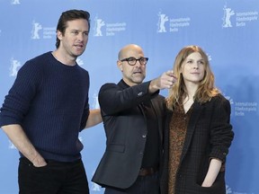 From left, actor Armie Hammer, director Stanley Tucci and actress Clemence Poesy pose for the photographers during a photo call for the film &#039;Final Portrait&#039; at the 2017 Berlinale Film Festival in Berlin, Germany, Saturday, Feb. 11, 2017. (AP Photo/Michael Sohn)