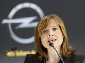 FILE - In this Jan. 27, 2014 file photo CEO of General Motors Mary Barra speaks during a press conference at the Opel car factory in Ruesselsheim, Germany. French automaker PSA Group said Tuesday, Feb. 14, 2017 it is in talks that could lead to acquisition of GM&#039;s Opel division. (AP Photo/Michael Probst, file)