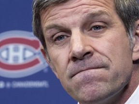 Montreal Canadiens general manager Marc Bergevin pauses as he comments on the team&#039;s coaching change during a news conference, in Brossard, Que., on Wednesday, February 15, 2017. Claude Julien will be coaching the Habs after the firing of Michel Therrien. THE CANADIAN PRESS/Paul Chiasson