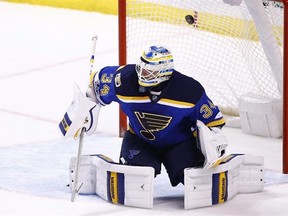 St. Louis Blues goalie Jake Allen gives up a goal to Carolina Hurricanes&#039; Jeff Skinner (not pictured) during the third period of an NHL hockey game Thursday, Jan. 5, 2017, in St. Louis. Allen was floored when the only NHL coach he has ever played for was fired on Feb. 1. THE CANADIAN PRESS/AP/Billy Hurst