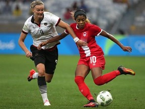 Germany&#039;s Alexandra Popp, left, and Canada&#039;s Ashley Lawrence vie for the ball during a semi-final match of the women&#039;s Olympic football tournament between Canada and Germany at the Mineirao stadium in Belo Horizonte, Brazil, on Aug. 16, 2016. Captain Christine Sinclair leads a young roster featuring seven teenagers as Canada looks to defend its title at the Algarve Cup. With the tournament falling on a FIFA international window, Herdman has been able to summon European-based pros Kadeisha Buchan