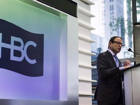 Jerry Storch, Chief Executive Officer of Hudson&#039;s Bay Co. addresses the company&#039;s shareholders during the annual meeting of its shareholders in Toronto on June 3, 2016. Hudson&#039;s Bay Co. is denying allegations of deceptive pricing practices from Canada&#039;s competition watchdog.The Competition Bureau issued a statement Tuesday alleging HBC offered mattresses and foundations sold together at grossly inflated regular prices and then advertised deep discounts on the sleep sets, suggesting significant d