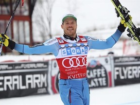 Norway&#039;s Kjetil Jansrud celebrates in the finish area after winning an alpine ski, men&#039;s World Cup downhill, in Kvitfjell, Norway, Saturday, Feb. 25, 2017. (AP Photo/Alessandro Trovati)