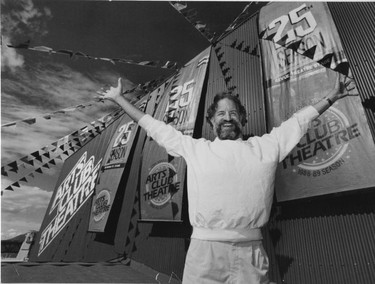 Bill Millerd on Granville Island in 1988, surrounded by banners marking Arts Club’s 25th anniversary. Millard oversaw the construction or renovation of four theatre buildings, and the production of more than 550 plays,