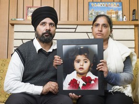 Amarinder (left) and Balraj Gill (right) are mourning the death of their three-year-old daughter Nimrat, after she died of pneumonia on Feb. 7, 2017.