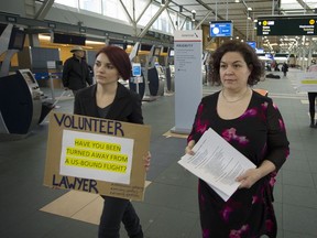 Jennifer O'Leary (right) and Jay Aubrey (left) are Vancouver lawyers who have volunteered at Vancouver International airport (YVR) to ensure that anyone with valid documentation is not banned from travel to the United States.