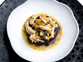 Blue Water Cafe's sea cucumber dish on the Unsung Heroes menu is served over black Himalayan rice, with pig’s trotter and butternut squash.