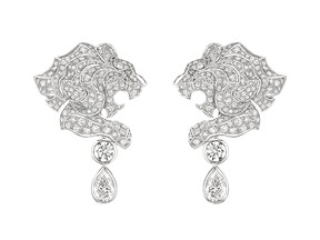 These Lion Protecteur earrings from CHANEL feature 18-karat white gold set with two pear-cut diamonds for a total weight of 1.4 carat. The set also includes two brilliant-cut diamonds for a total weight of one carat and 394 brilliant-cut diamonds for a total weight of 3.9 carats.