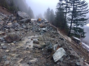 This is how much rock needs to be cleared from #BCHwy1 (about 200 cubic metres). East of #yalebc tunnel.