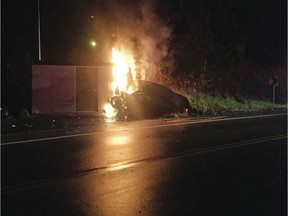 The car fire on Lochside Drive in North Saanich on Dec. 23, 2016.