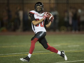 Ottawa Redblacks wide receiver Chris Williams catches a pass to score a touchdown during fourth quarter CFL football action against the Montreal Alouettes, in Montreal on Thursday, June 30, 2016.