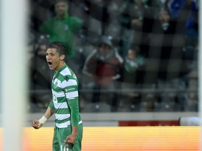 Sporting's Colombian forward Fredy Montero celebrates after scoring a goal during the Portuguese league football match FC Arouca vs Sporting CP at Arouca city stadium in Arouca on February 1, 2015.