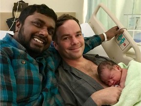 B.C. MLA Spencer Chandra Herbert (holding baby) and husband Romi Chandra Herbert announced the birth of their son Feb. 14, 2017 at B.C. Women's Hospital.