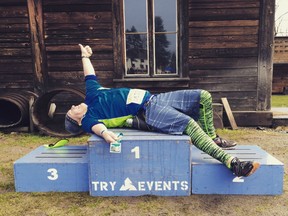 Gord Kurenoff, author of The Vancouver Sun's Fun On The Run blog, naps on the podium after finishing second overall in his slow age class at Sunday's Fort Langley Historic Half. More than 500 runners/walkers took part in the annual half marathon, 10K, 5K and kids' run.