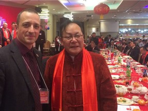 French consul general Jean-Christophe Fleury at the Chinese New Year Festival banquet in Vancouver on Jan. 29. He is with Jun Ing, vice president of the Chinese Benevolent Association of Vancouver.