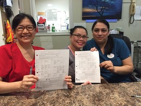From left, Harmony Court Care Centre residential care aides Chho-Hua Wang and Lovell Frias, and licensed practical nurse Sonia Saggu display the Preview-Ed tool, which has been shown to greatly reduce the number of often unnecessary patient transfers to hospital.