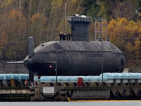 HMCS Chicoutimi rests on the syncrolift after being removed from the harbour in Halifax on Saturday, Nov. 5, 2006. The Canadian navy's only operational submarine on the West Coast is doing training exercises as it readies for operations after undergoing repairs to dozens of problem welds.