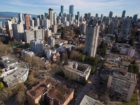 Condos and apartment buildings are seen in downtown Vancouver on Feb. 2. Despite Vancouver’s image as a city of glass towers, the reality is that the vast majority of the city is only zoned for single-dwelling housing. Vancouver has plenty of room to grow upwards like other major cities.