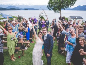 Leilani Dallin, who grew up on the Sunshine Coast, and her new husband Ben Power, a New Zealander, at their West Coast wedding last July in Gibsons. Guests at their wedding came from as far afield as New Zealand, Australia, Panama, Mexico, the United States, England, Germany, the Netherlands and four Canadian provinces.