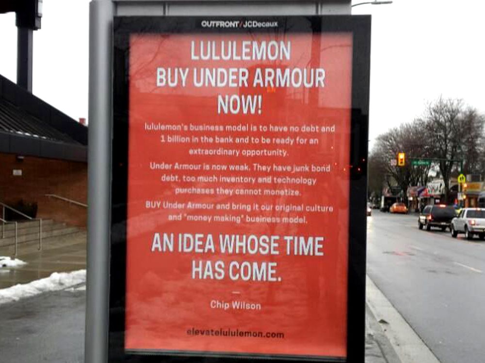 Chip Wilson buys bus shelter ad to tell Lululemon to buy Under