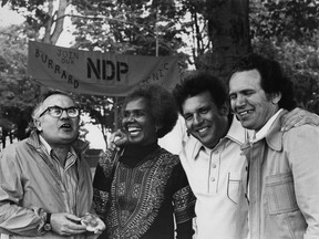 Norm Levi, Rosemary Brown, Dave Barrett and Harold Steves in 1975.