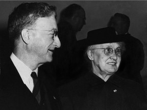 Helena Gutteridge, Vancouver's first woman alderman, chats with Labor Council president Bill Showler in 1945.