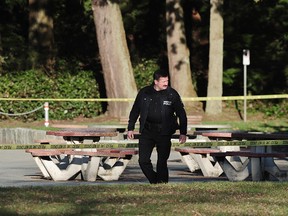 Vancouver Police on the scene of an overnight homicide somewhere between second and third beaches at Stanley Park in Vancouver, BC., February 2, 2017.