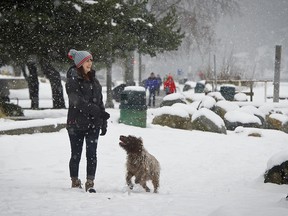People walk down the street as it snows in downtown Vancouver on Friday.