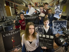 Film students at Rockridge Secondary have produced a documentary on Brian Upson, the coach of the West Vancouver Highlanders who died two weeks after leading the team to winning the provincial finals in 1982. Meryl Stevens (front) is the producer and Tavish Kelpin front (r) directed the film. (other students l-r: Willem Young (red shirt) Tyler Legg, Nicholas Tremblay, (rear) Sawyer Scholz and film instructor/ David Shannon (top right)