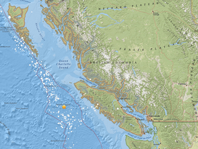 The U.S. Geological Survey map shows the epicentre of a magnitude 4.9 quake that occurred Friday morning.