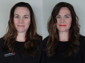 Jennifer Koel's makevoer before, left, and after.