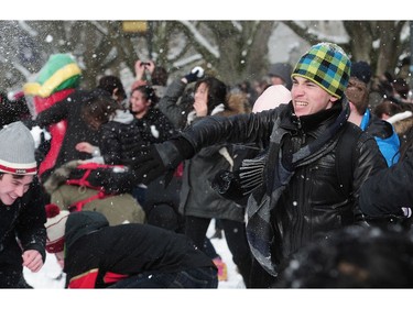 Some of the thousands of students who participated in a snowball fight on UBC Main Mall in Vancouver, Feb. 6, 2017.