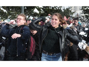 Some of the thousands of students who participated in a snowball fight on UBC Main Mall in Vancouver, Feb. 6, 2017.