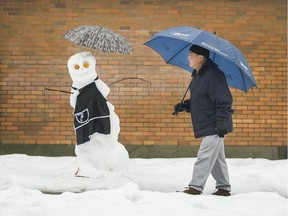 A snowman does its best to protect itself from the thawing rain in Vancouver.