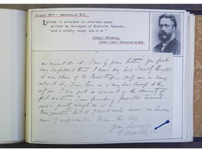 An 1877 letter about Granville townsite from Edgar Dewdney will be auctioned Feb. 4.