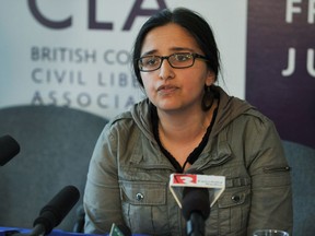 FILE PHOTO - Harsha Walia speaks at a BCCLA press conference in Vancouver on March 21, 2013. Walia is working with school boards to ensure access to students with uncertain immigration status.