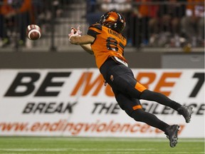 BC Lions #87 Marco Iannuzzi is unable to control the ball during a pass against the Toronto Argonauts in a regular season CFL football game at BC Place Vancouver, July 07 2016.