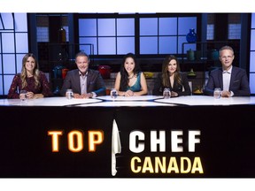 The Top Chef Canada All-Stars panel: host Eden Grinshpan, head judge Mark McEwan, Mijune Pak, Janet Zuccarini and Chris Nuttall-Smith.