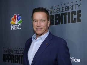 This Dec. 9, 2016 image released by NBC shows Arnold Schwarzenegger, the new boss of &ampquot;The New Celebrity Apprentice,&ampquot; at a press junket in Universal City, Calif. Schwarzenegger said Friday that he&#039;s through with &ampquot;The New Celebrity Apprentice,&ampquot; and he&#039;s blaming President Donald Trump for the television reality show&#039;s recent poor performance. The former California governor said he wouldn&#039;t mind working with NBC and producer Mark Burnett again &ampquot;on a show that doesn&#039;t have this baggage.&ampquot; (Paul Drinkw