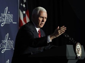Vice President Mike Pence speaks to the Latino Coalition&#039;s &ampquot;Make Small Business Great Again Policy Summit&ampquot; in Washington, Thursday, March 9, 2017. (AP Photo/Manuel Balce Ceneta)