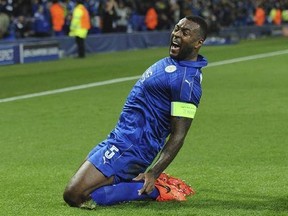 Leicester&#039;s Wes Morgan celebrates after he scores a goal during the Champions League round of 16 second leg soccer match between Leicester City and Sevilla at the King Power Stadium in Leicester, England, Tuesday, March 14, 2017. (AP Photo/Rui Vieira)