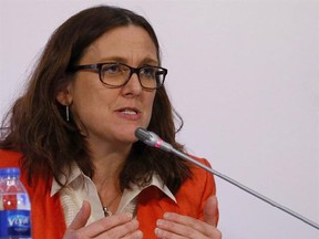 Cecilia Malmstrom, Commissioner for Trade, European Union gestures during a joint news conference with ASEAN Trade and Economic Ministers in the ongoing 15th ASEAN Economic Ministers-European Union Trade Consultations Friday, March 10, 2017 in suburban Pasay city, Philippines. Malmstrom says Canada is a key partner against the job-killing, anti-trade sentiment coming from Donald Trump&#039;s administration. THE CANADIAN PRESS/AP/Bullit Marquez