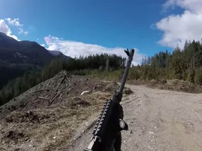 A screen capture from a video in which Michael Hill, 39, of New Westminster, was hit by a ricocheting bullet casing while target shooting near Harrison Lake.