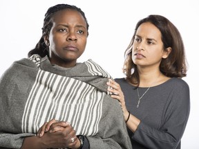 Actors Angela Moore (left) and Sangeeta Wylie star in Refuge, Mary Vingoe's play about refugees in Canada, which runs from March 18 to April 1 at Firehall Arts Centre.