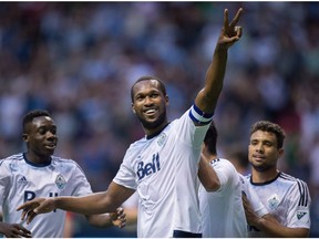 Vancouver Whitecaps' Kendall Waston, centre, celebrates his goal against Crystal Palace as Alphonso Davies, left, and Kianz Froese, right, watch during the second half of an international friendly soccer game in Vancouver, B.C., on Tuesday July 19, 2016. After disappointing starts the last two years, and with the CONCACAF Champions League quarter-finals set to get underway in February, head coach Carl Robinson says he will be taking his team to Europe in hopes of increasing the tempo in preparation for the 2017 campaign.