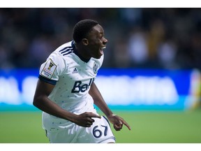 Alphonso Davies celebrates his goal against the New York Red Bulls during first half CONCACAF Champions League quarter-final soccer action.