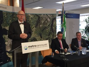 Metro Vancouver board chair Greg Moore speaks to reporters about the Local Government Matters initiative launched Wednesday. With him are board vice-chair Raymond Louie (centre) and housing committee chair Mike Clay (right).