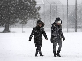 Residents walk in the snow at Confederation Park in Burnaby on Sunday. More is on the way for the eastern part of the Lower Mainland Tuesday night.