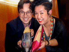 Centre A executive director Tyler Russell and Christina Panis showed Malvern and Polly shoes at a fundraiser in John Fluevog's store.